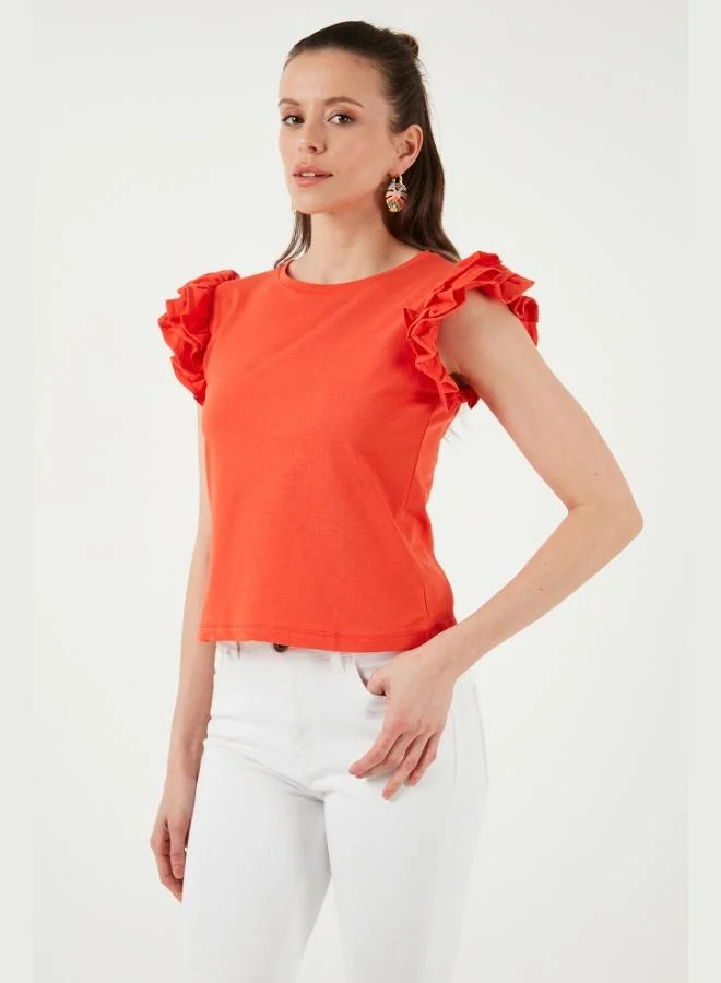 Lela Lela Cotton Slim Fit Crew Neck T-Shirt with Ruffled Sleeves Women's T-Shirt 5864500
