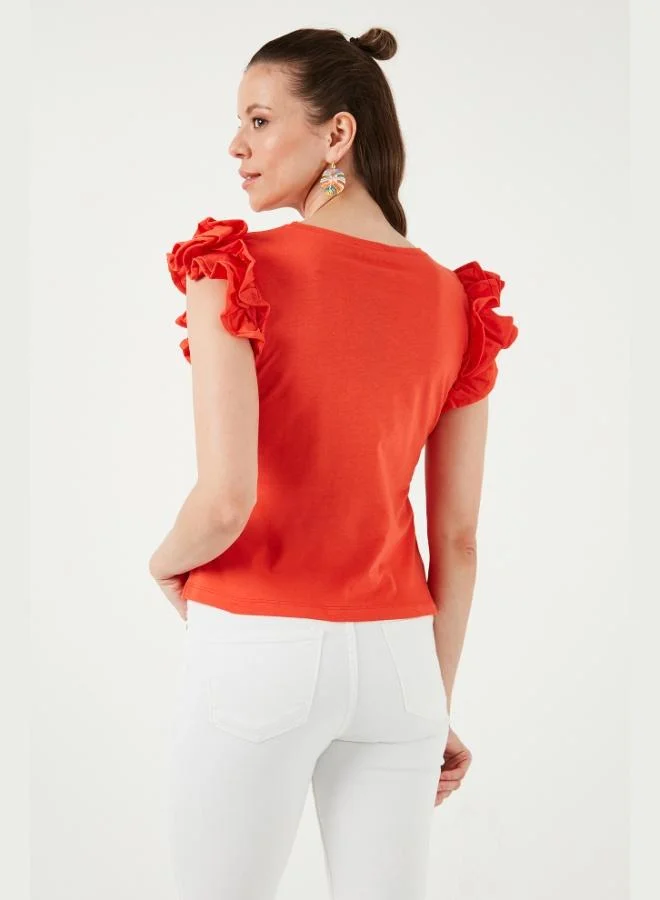 Lela Lela Cotton Slim Fit Crew Neck T-Shirt with Ruffled Sleeves Women's T-Shirt 5864500