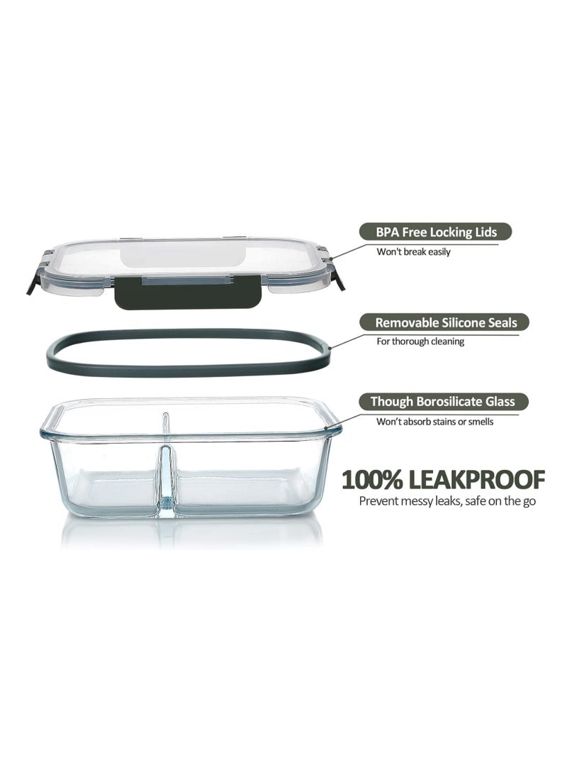 TYCOM - Tycom Glass Meal Prep Containers 2 Compartment 5 Pack950 ML Glass Food Storage Containers with Lids Glass Lunch Box Glass Bento Box Lunch Containers Portion Control Airtight 5 Pieces. - Image 1