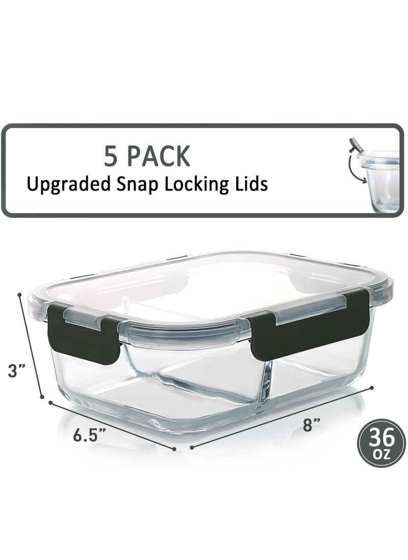 TYCOM - Tycom Glass Meal Prep Containers 2 Compartment 5 Pack950 ML Glass Food Storage Containers with Lids Glass Lunch Box Glass Bento Box Lunch Containers Portion Control Airtight 5 Pieces. - Image 1