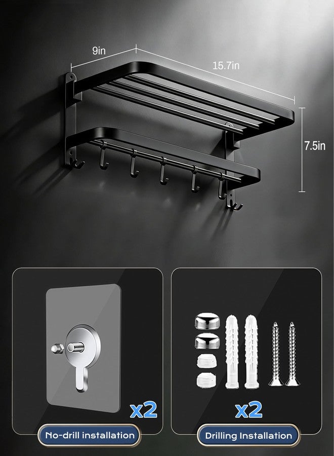 JAMESVAN 15 Inch Towel Rack for Bathroom,Foldable Wall Mounted Towel Shelf with Towel Bar Holder and 5 Hooks,Stainless Steel Towel Storage Organizer for Lavatory Shower Room,Matte Black - Image 4