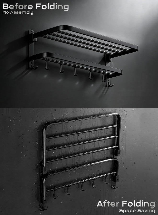 JAMESVAN 15 Inch Towel Rack for Bathroom,Foldable Wall Mounted Towel Shelf with Towel Bar Holder and 5 Hooks,Stainless Steel Towel Storage Organizer for Lavatory Shower Room,Matte Black - Image 3