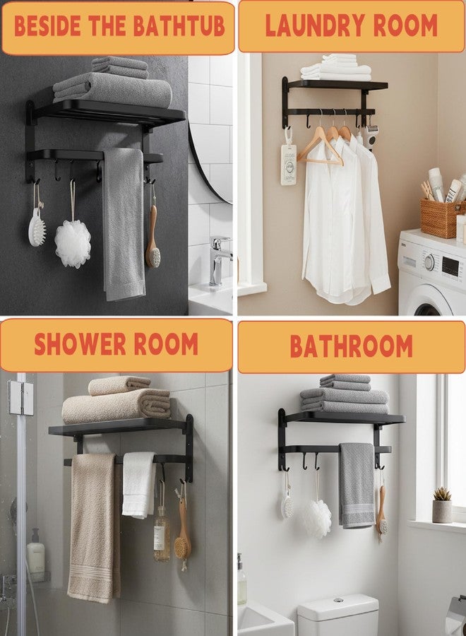 JAMESVAN 15 Inch Towel Rack for Bathroom,Foldable Wall Mounted Towel Shelf with Towel Bar Holder and 5 Hooks,Stainless Steel Towel Storage Organizer for Lavatory Shower Room,Matte Black - Image 5