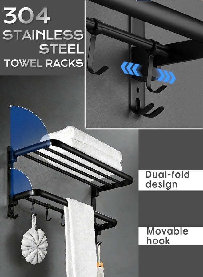 JAMESVAN 15 Inch Towel Rack for Bathroom,Foldable Wall Mounted Towel Shelf with Towel Bar Holder and 5 Hooks,Stainless Steel Towel Storage Organizer for Lavatory Shower Room,Matte Black - Image 2