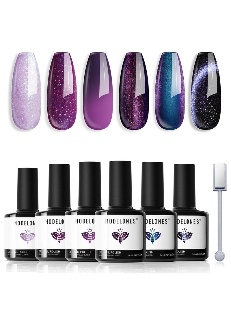 modelones - Modelones Gel Nail Polish Set, 6 Colors Purple-Red/Black/Blue Sparkle Chameleon Glitter Gel Polish Purple-Black Color Changing 9D Cat Eye Nail Gel polish With Magnet Soak Off LED Nail Art Gel DIY Gift - Image 1