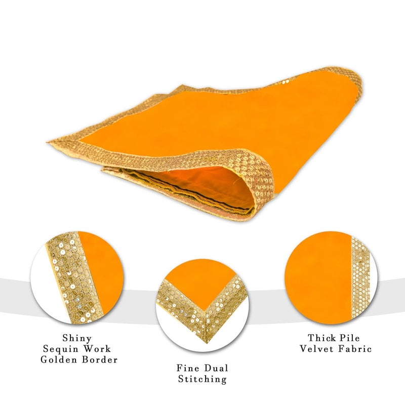 Dulhan DLC CD Lace Sequin Work Yellow Velvet Pooja Cloth Asan for God Idol 10 x 20 inch Altar Cloth for Puja mandir Pack of 2 Small chowki Aasan kapda for bhagwan Home Temple Diwali Decoration Cloth mat - Image 4