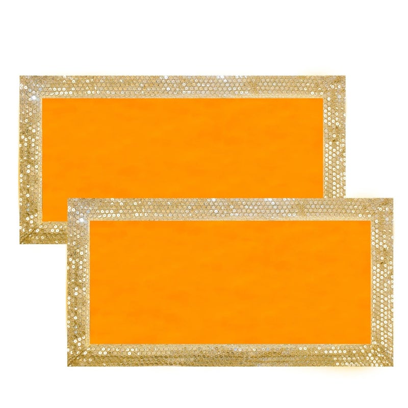 Dulhan DLC CD Lace Sequin Work Yellow Velvet Pooja Cloth Asan for God Idol 10 x 20 inch Altar Cloth for Puja mandir Pack of 2 Small chowki Aasan kapda for bhagwan Home Temple Diwali Decoration Cloth mat - Image 1