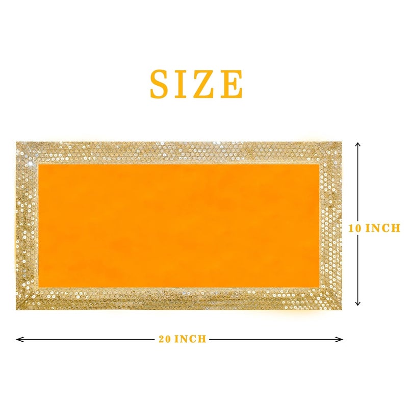 Dulhan DLC CD Lace Sequin Work Yellow Velvet Pooja Cloth Asan for God Idol 10 x 20 inch Altar Cloth for Puja mandir Pack of 2 Small chowki Aasan kapda for bhagwan Home Temple Diwali Decoration Cloth mat - Image 2
