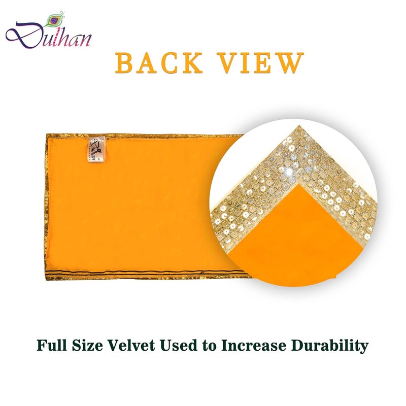 Dulhan DLC CD Lace Sequin Work Yellow Velvet Pooja Cloth Asan for God Idol 10 x 20 inch Altar Cloth for Puja mandir Pack of 2 Small chowki Aasan kapda for bhagwan Home Temple Diwali Decoration Cloth mat - Image 3