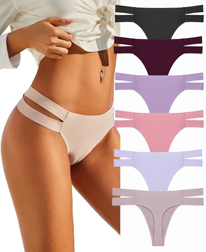 Knowyou 6 Pack Seamless Thongs for Women Sexy No Show Breathable Underwear Stretch Straps T-Back Tangas Panties for Ladies-A-M - Image 1