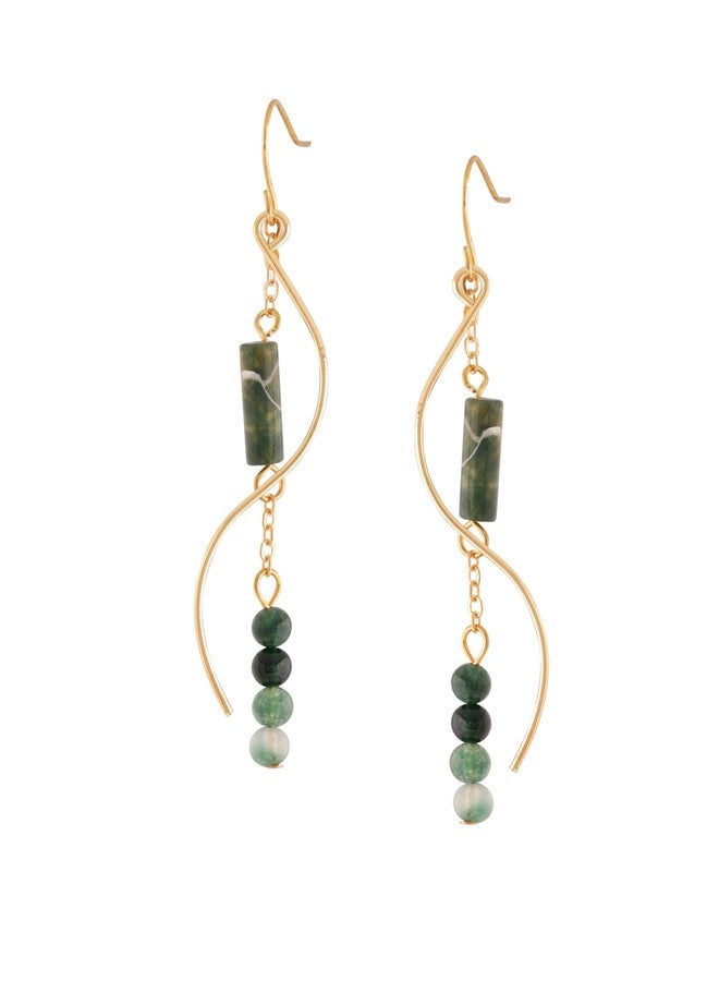 MINACHI Boho Wavy Gold-Tone and Green Stone Drop Earrings, Handmade Hippie Dangles For Women - Image 1