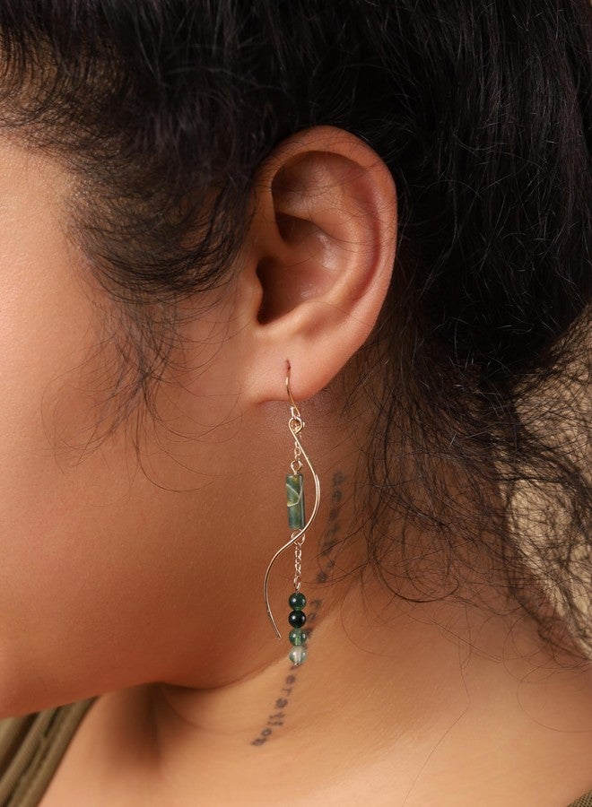 MINACHI Boho Wavy Gold-Tone and Green Stone Drop Earrings, Handmade Hippie Dangles For Women - Image 4