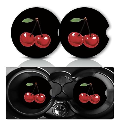 YUXIYAN 2Pack Cherry Car Cup Holder Coasters,Cars Coasters for Cup Holders,2.75" Universal Anti Slip Rubber Mat with Finger Slot,Cherry Car Accessories Interior Decor,Cherrys Gifts for Women,Men - Image 1