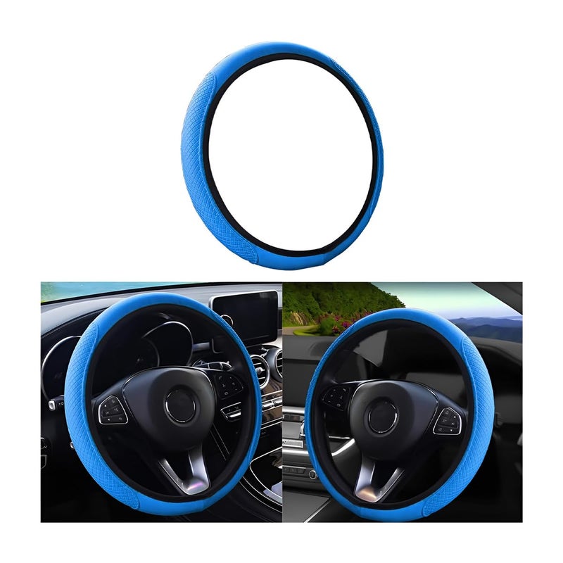 Leather Car Steering Wheel Cover Elastic Breathable AntiSlip Universal 15 inch Steering Wheel Cover for Men Women Blue