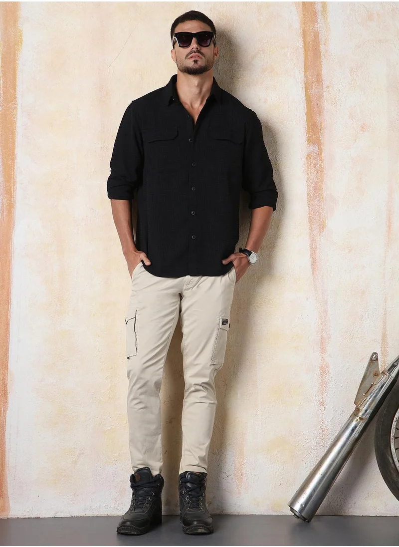HIGH STAR Men's Black 100% Polyester Solid Button Down Relaxed Fit Shirt