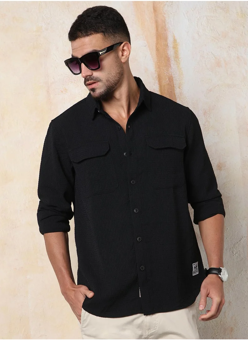 HIGH STAR Men's Black 100% Polyester Solid Button Down Relaxed Fit Shirt