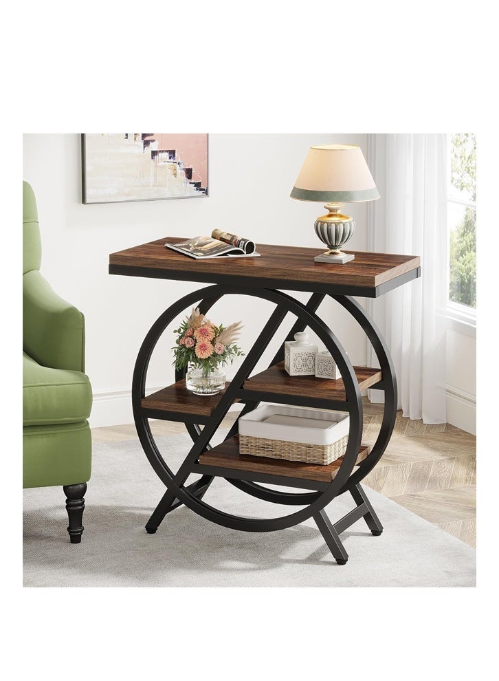 إن كي أكس طاولة جانبية لغرفة المعيشة، طاولة جانبية ضيقة بثلاث طبقات مع مساحة تخزين، طاولة جانبية خشبية بأريكة بإطار معدني باللون البني - Image 2