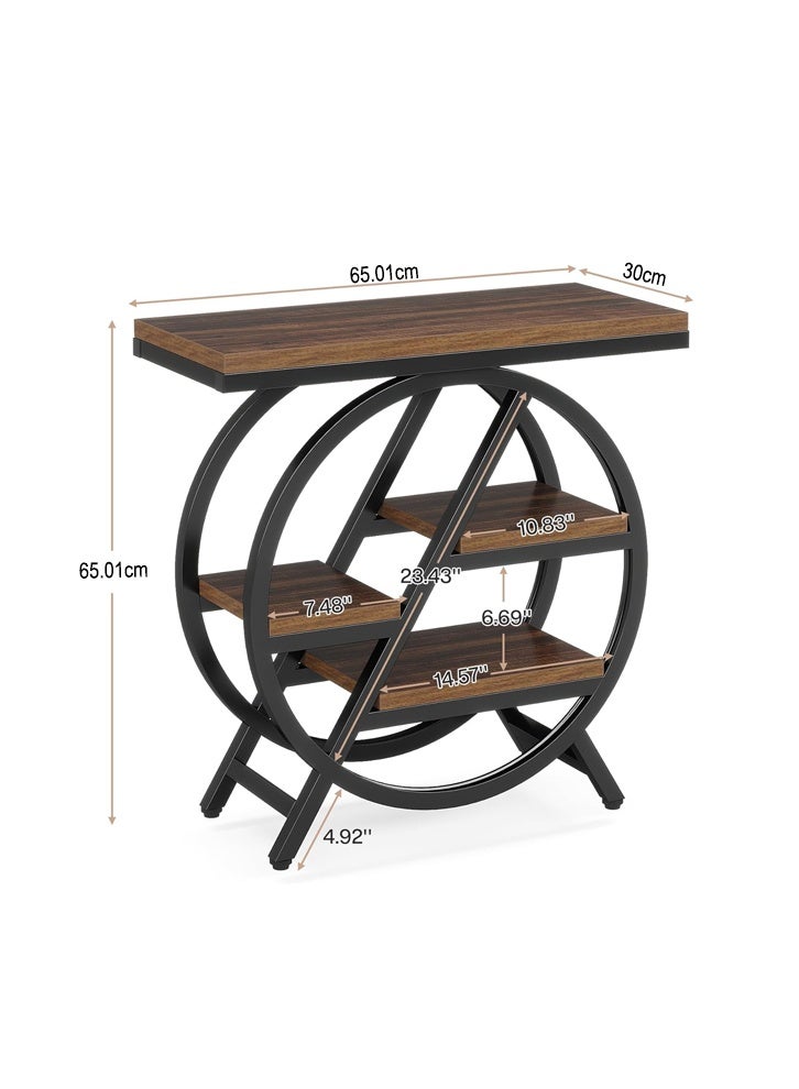 إن كي أكس طاولة جانبية لغرفة المعيشة، طاولة جانبية ضيقة بثلاث طبقات مع مساحة تخزين، طاولة جانبية خشبية بأريكة بإطار معدني باللون البني - Image 3