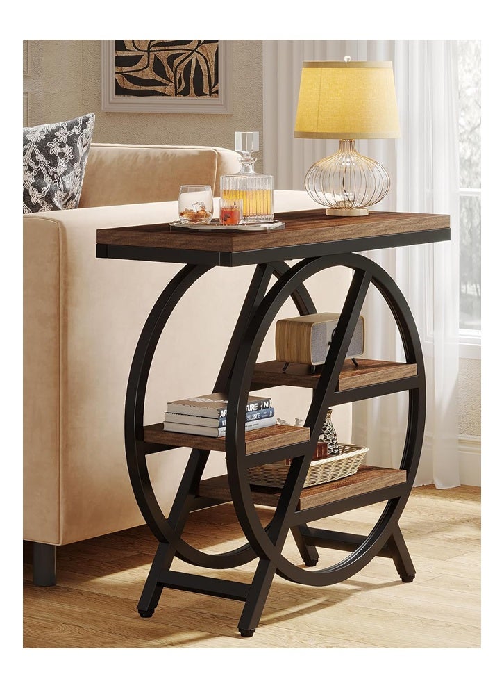 إن كي أكس طاولة جانبية لغرفة المعيشة، طاولة جانبية ضيقة بثلاث طبقات مع مساحة تخزين، طاولة جانبية خشبية بأريكة بإطار معدني باللون البني - Image 4