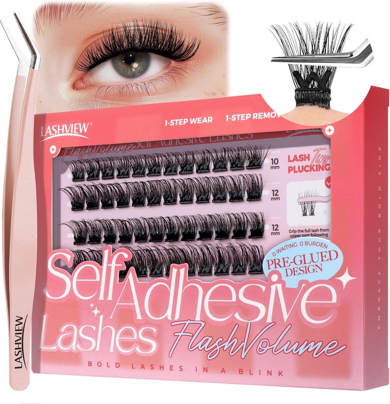 LASHVIEW Self Adhesive Lash ClustersPresson Lashes with Lash TweezersNo Glue Needed Natural Look Self Adhesive Eyelash Extension Kit 60pcs 1016mmZ02
