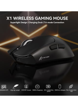 ماوس ألعاب لاسلكي X1 مع قاعدة شحن RGB، مستشعر PAW3395 PRO بدقة تصل إلى 40 ألف نقطة في البوصة، 53 جرام، فأرة كمبيوتر ثلاثية الأوضاع خفيفة الوزن للغاية، معدل استطلاع 1 كيلو هرتز، 5 أزرار قابلة للبرمجة لنظامي التشغيل WIN/MAC - view 2