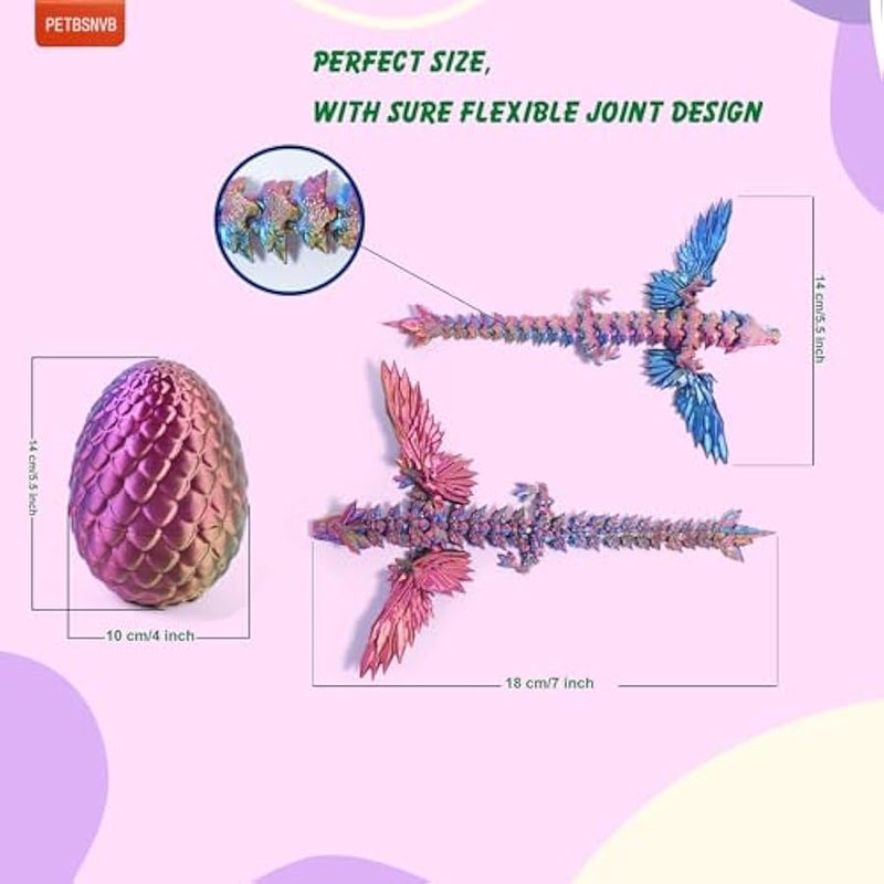 3 Colors 7 3D Printed Dragon with Wings in Egg, Easter basket stuffers, Crystal Dragon Surprise in Eggs, Articulated Dragon, Dragon Fidget Toy, Home Office Decor Executive Desk Toy (Yellow) - Image 2