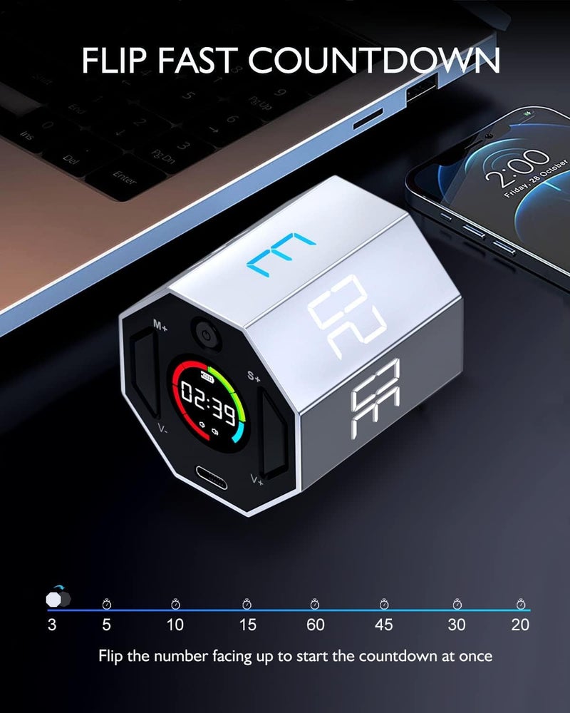 DOLPHY Dolphy Digital Timer, Productivity Timer Cube, Magnetic Flip Octagon Timer, Mute & Adjustable Sound Alert, for Kitchen,Work, Office, Games, Study, Task, 3/5/10/15/60/45/30/20min & Custom Countdown  - Image 2
