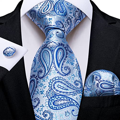 DiBanGu Blue Tie for Men Silk Baby Blue Paisley Necktie and Pocket Square Cufflinks Set Wedding Business - Image 3
