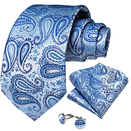 DiBanGu Blue Tie for Men Silk Baby Blue Paisley Necktie and Pocket Square Cufflinks Set Wedding Business - Image 5