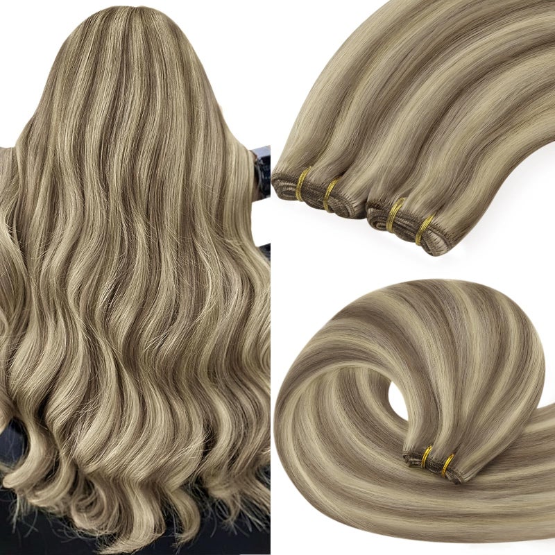 YoungSee Weft Hair Extensions Human Hair Highlight Hair Soft Sew in Extensions Light Brown with Blonde Highlight Weft Extensions Real Human Hair for Volume 16Inch 100G