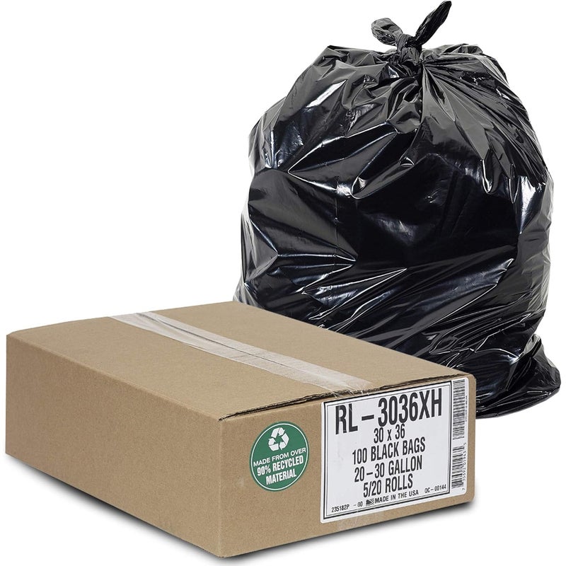 Aluf Plastics - RL-3036XH 20-30 Gallon Trash Can Liners (100 Count) - 30" x 36" - Thick 1.5 MIL Equivalent Black Trash Bags for Bathroom, Kitchen, Office, Industrial, Commercial, Recycling and More - Image 1