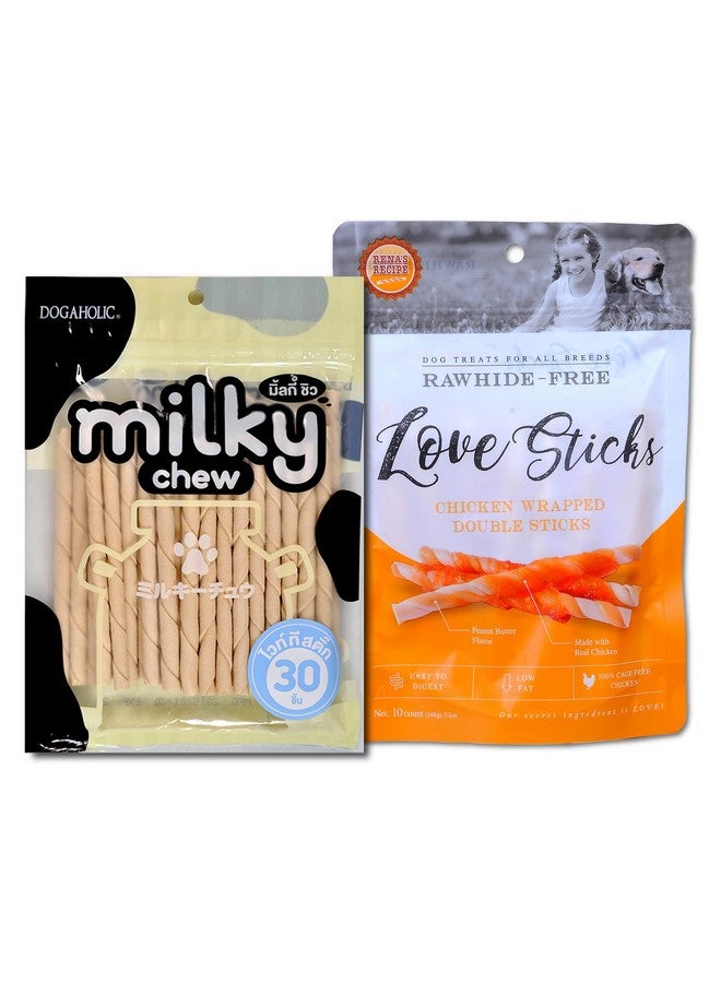 Rena Treats Combo:  Love Snack Chicken Wrapped Double Sticks And Dogaholic Milky Chews Sticks Dog Treat- Protein Rich Tasty Snacks For All Dog Breeds - Image 1