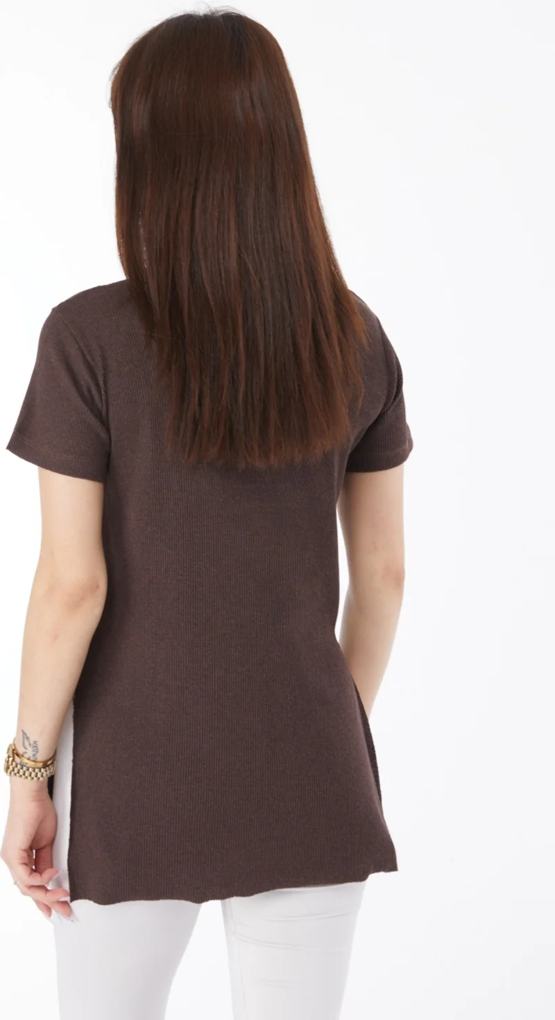 Tofisa Plain Crew Neck Women's Brown Printed Slit T-Shirt - 24791