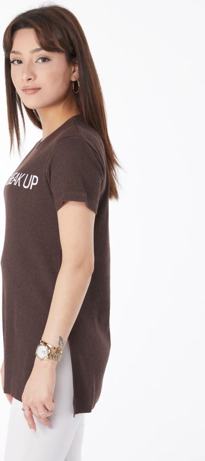 Tofisa Plain Crew Neck Women's Brown Printed Slit T-Shirt - 24791