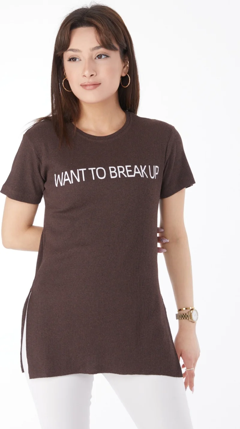 Tofisa Plain Crew Neck Women's Brown Printed Slit T-Shirt - 24791