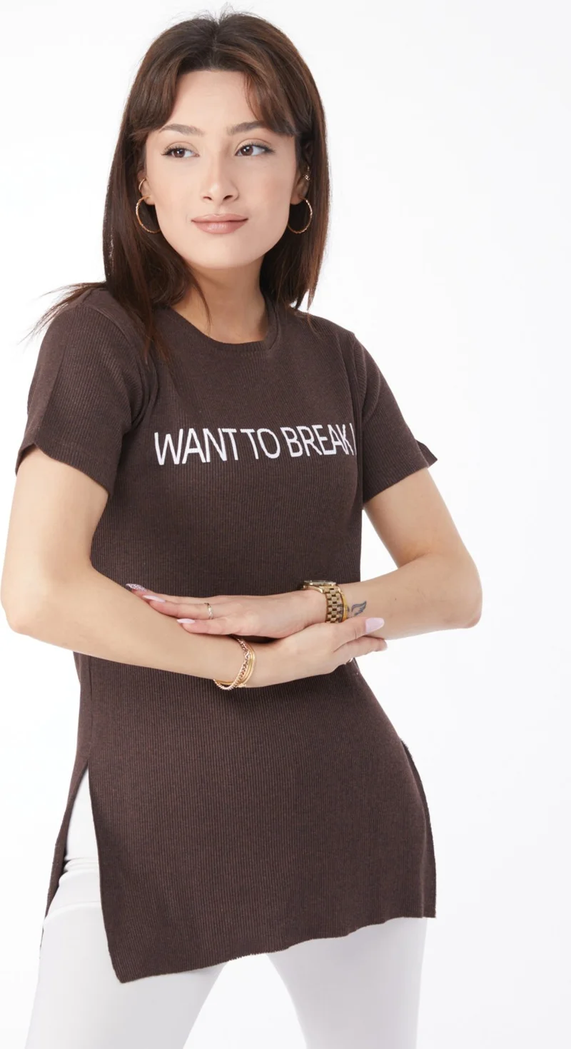 Tofisa Plain Crew Neck Women's Brown Printed Slit T-Shirt - 24791