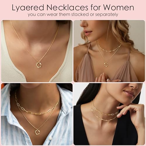 Poxtex Layered Necklaces for Women,14k Gold Plated Dainty Stackable Choker Necklaces for Women,Trendy Layering Circle Paperclip Chain Pendant Jewelry Set Gifts - Image 5
