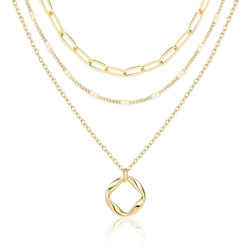 Poxtex Layered Necklaces for Women,14k Gold Plated Dainty Stackable Choker Necklaces for Women,Trendy Layering Circle Paperclip Chain Pendant Jewelry Set Gifts - Image 1