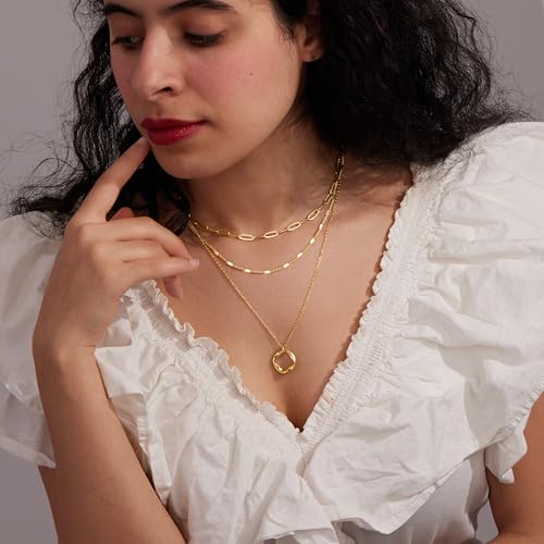 Poxtex Layered Necklaces for Women,14k Gold Plated Dainty Stackable Choker Necklaces for Women,Trendy Layering Circle Paperclip Chain Pendant Jewelry Set Gifts - Image 4