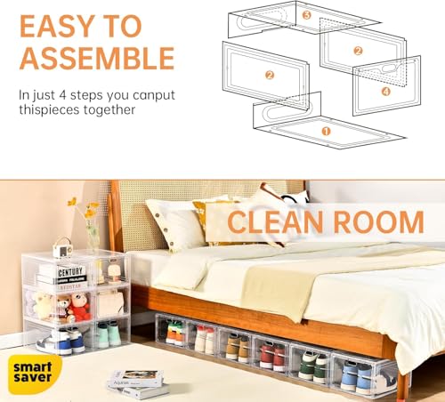Smart Saver Large Shoe Storage Boxes Organizers Clear Plastic Stackable 6 Pack, magnetic Shoe Rack Sneaker Containers, Toy Storage Organizer Bins for Entryway, Closet, Under Bed, White - Image 4