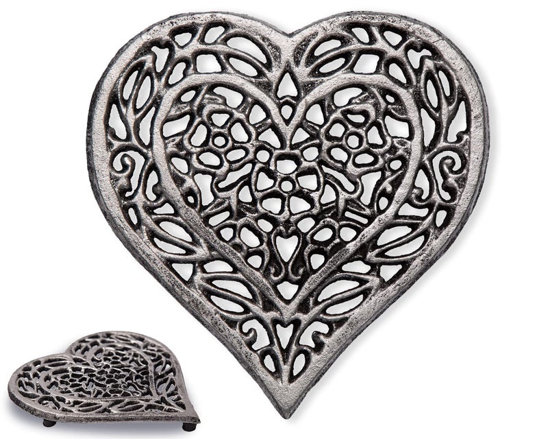 Cast Iron Heart Trivet  Decorative Cast Iron Trivet for Kitchen Countertop Or Dining Table  Vintage Design  675X65  with Rubber PegsFeet  Recycled Metal  Silver with Black