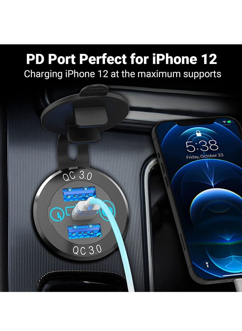 سيوسي - مقبس شاحن السيارة ، مخرج USB ثلاثي 12 فولت / 24 فولت 20 وات PD و 18 وات QC3.0 معدن ألمنيوم مع مفتاح طاقة يعمل باللمس ، محول شحن سريع لدراجة نارية عربة الجولف RV للقوارب - Image 1
