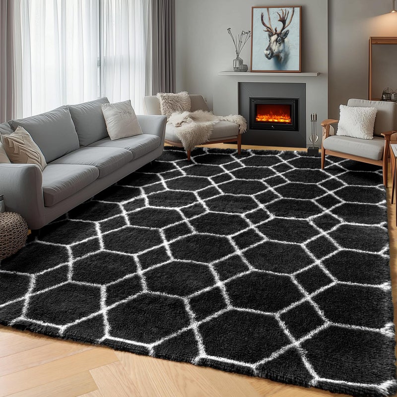 ONASAR 5x7 Area Rugs for Living Room Bedroom, Fluffy Black and White Rug, Geometric Boho Soft Plush Shaggy Floor Carpet Mat for Nursery Kids Girls Boys Teen Dorm Home Decor Aesthetic - Image 1