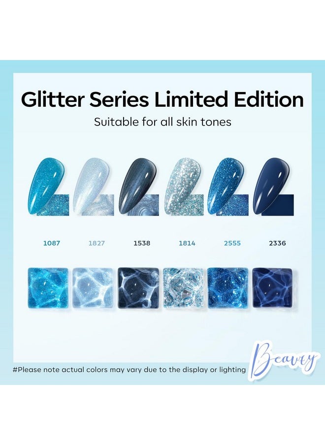 modelones - modelones Gel Nail Polish Set 6 Colors Blue Glitter Galaxy Dark Blue 9D Cat Eye Gel Nail Polish with Magnet Light Blue White Shimmer Pearl Soak Off Led Nail Art DIY Salon Gift For Women - Image 1