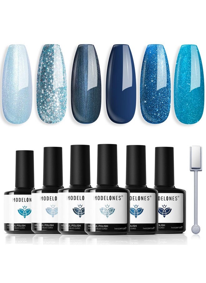 modelones - modelones Gel Nail Polish Set 6 Colors Blue Glitter Galaxy Dark Blue 9D Cat Eye Gel Nail Polish with Magnet Light Blue White Shimmer Pearl Soak Off Led Nail Art DIY Salon Gift For Women - Image 1