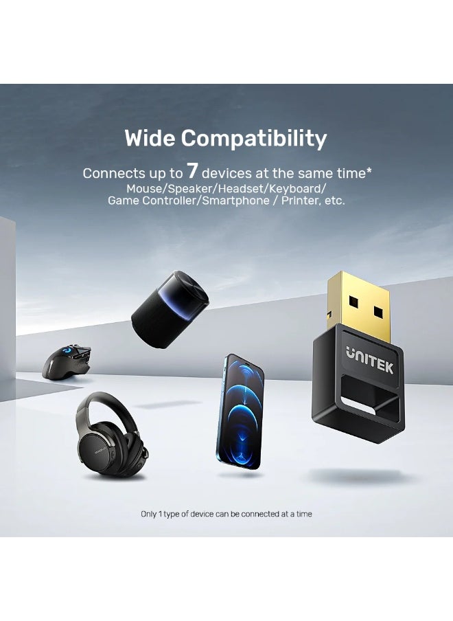 UNITEK - USB Bluetooth Adapter for PC, Bluetooth5.3, Bluetooth Dongle Receiver Support Windows 11/ 10/8.1/8 for Desktop, Laptop, Mouse, Keyboard, Printers, Headsets, Speakers, Gaming Controllers. Support Up to 7 devices same time. 30M Coverage, - Image 1