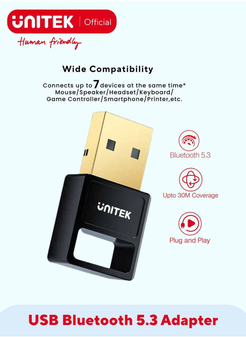 UNITEK USB Bluetooth Adapter for PC, Bluetooth5.3, Bluetooth Dongle Receiver Support Windows 11/ 10/8.1/8 for Desktop, Laptop, Mouse, Keyboard, Printers, Headsets, Speakers, Gaming Controllers. Support Up to 7 devices same time. 30M Coverage,  - Image 1