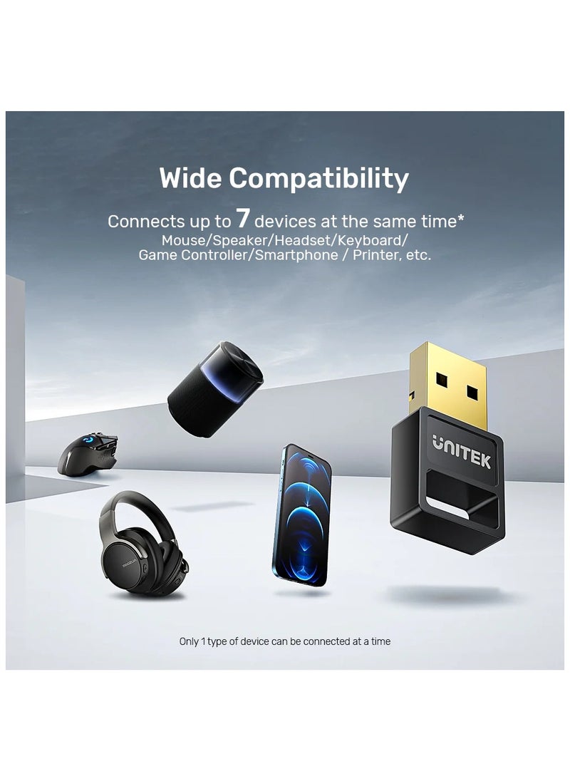 UNITEK USB Bluetooth Adapter for PC, Bluetooth5.3, Bluetooth Dongle Receiver Support Windows 11/ 10/8.1/8 for Desktop, Laptop, Mouse, Keyboard, Printers, Headsets, Speakers, Gaming Controllers. Support Up to 7 devices same time. 30M Coverage,  - Image 2