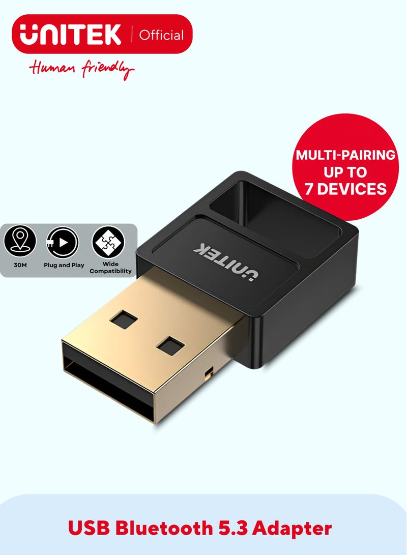 UNITEK USB Bluetooth Adapter for PC, Bluetooth5.3, Bluetooth Dongle Receiver Support Windows 11/ 10/8.1/8 for Desktop, Laptop, Mouse, Keyboard, Printers, Headsets, Speakers, Gaming Controllers. Support Up to 7 devices same time. 30M Coverage, - Image 1