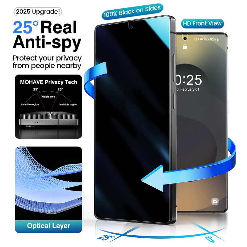 MOHAVE 4 Pack Privacy Screen Protector for SAMSUNG Galaxy S25 Ultra 6.9" with 2 Pack Camera Lens Protector [Auto Alignment/Dust Removal] Anti Spy Tempered Glass [Military Grade Shatterproof] 100% Ultrasonic Fingerprint ID Unlock - Image 3